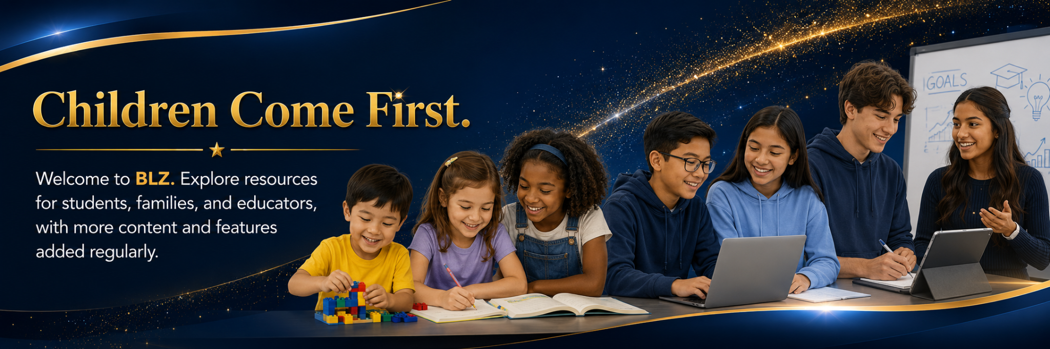 Children and teenagers engaged in age-appropriate learning activities beneath the words Children Come First.