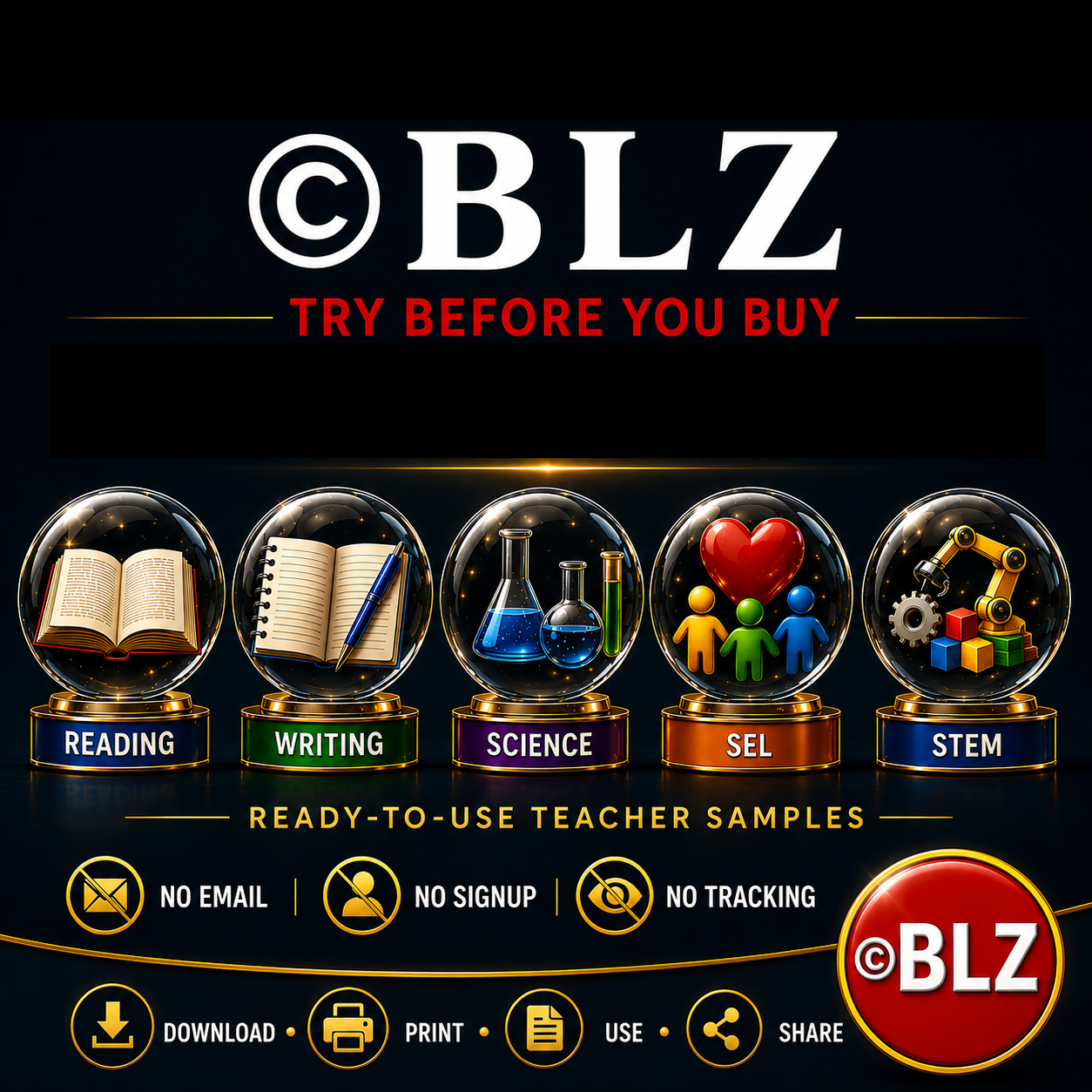 BLZ store introduction and ready-to-use teacher sample feature