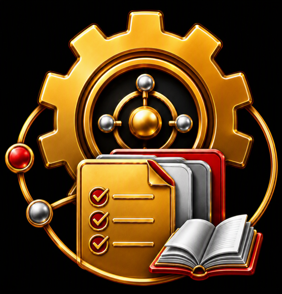 Complete systems BLZ motif with gear, checklist, folders, and open book